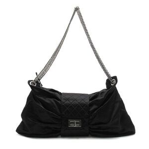 Chanel Ribbon Chain Shoulder Bag Fabric Black
